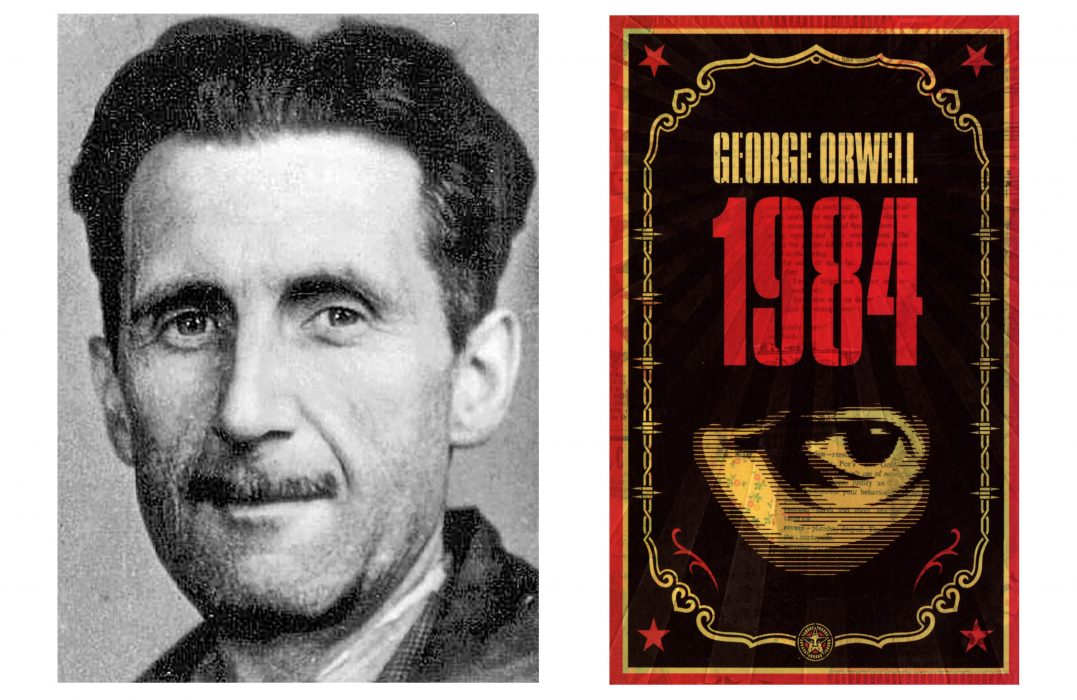 George Orwells presskortsfoto från 1943 och ett av hans mest kända verk "1984"