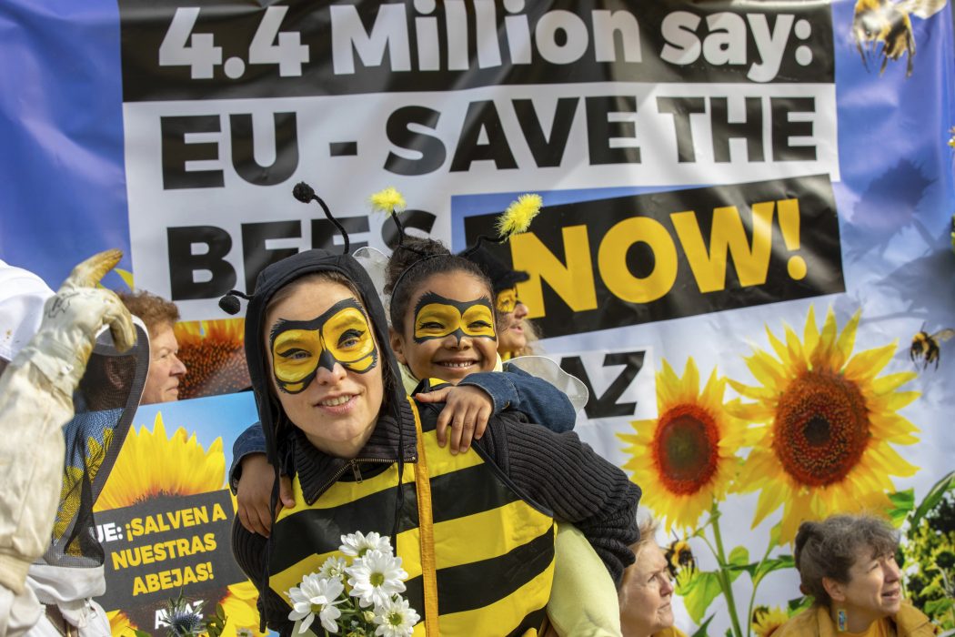 IMAGE DISTRIBUTED FOR AVAAZ - Citizens, Families and Bee Lovers protest ahead of an EU vote on a full neonic-ban at Place Schuman on Friday, April 27, 2018 in Brussels, Belgium. On the day when the EU voted on the fate of bees by passing a full ban on three key bee-killing pesticides, citizens gather to celebrate bees, which provide pollination for 80% of all crops and fruits. (Olivier Matthys/AP Images for AVAAZ) Demonstration för bin utanför EU-parlamentet i Bryssel