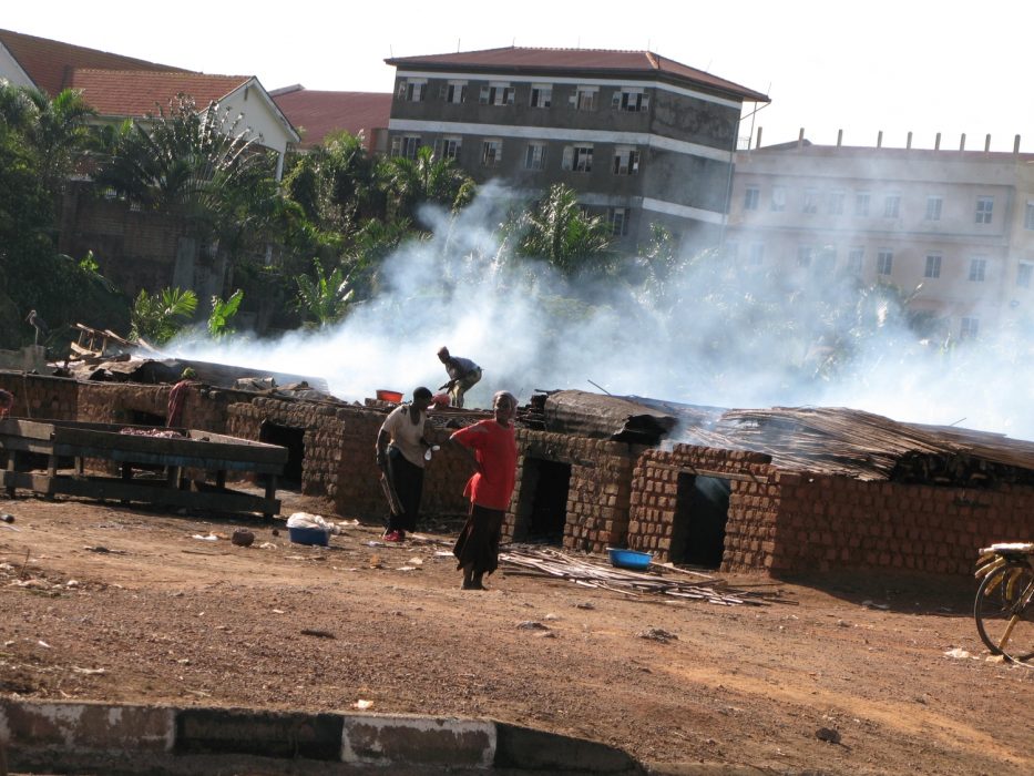 GGABA, Uganda, Oct 24, 2009, Smoking fish at Ggaba: these kilns, and the houses behind them, are too close to the shoreline, polluting the water - contributing to driving fish stocks down, Pius Sawa/IPS/IFEJ Vid humanitära katastrofer krävs ved till matlagning och ibland för att bränna tegelstenar