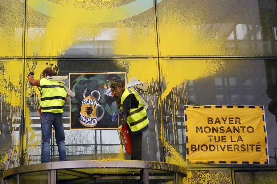 Miljöaktivister spraymålar Monsantos ägare Bayers högkvarter i Paris i mars i protest mot företagets produkter.