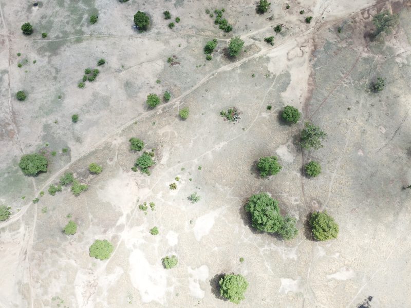 Ett drönarfoto visar ett område i övre östra regionen i Ghana innan olika insatser gjorts för att återställa mark.