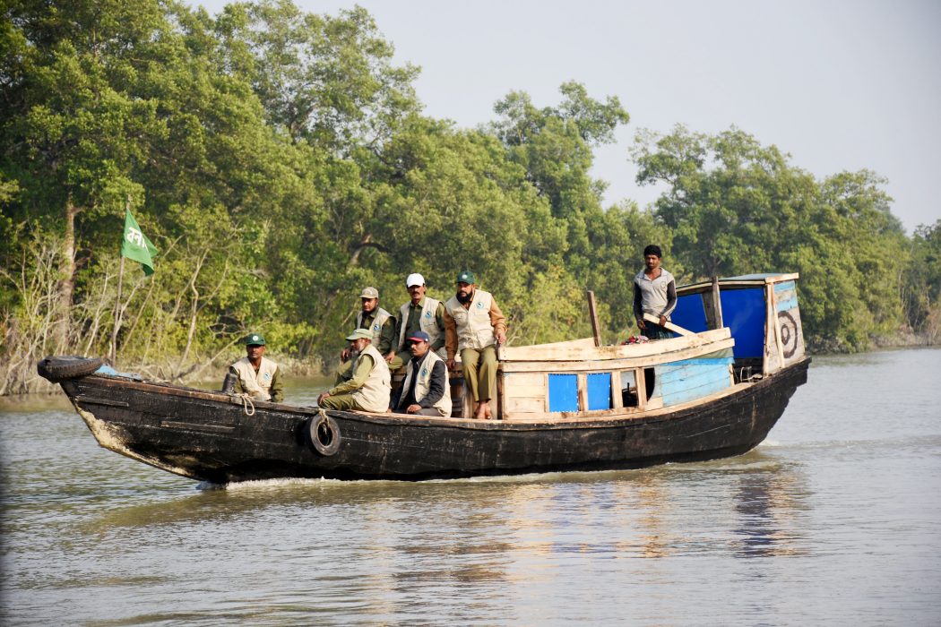 Lokala skogsmyndigheter övervakar ett skyddat flodområde i Sundarban i Bangladesh