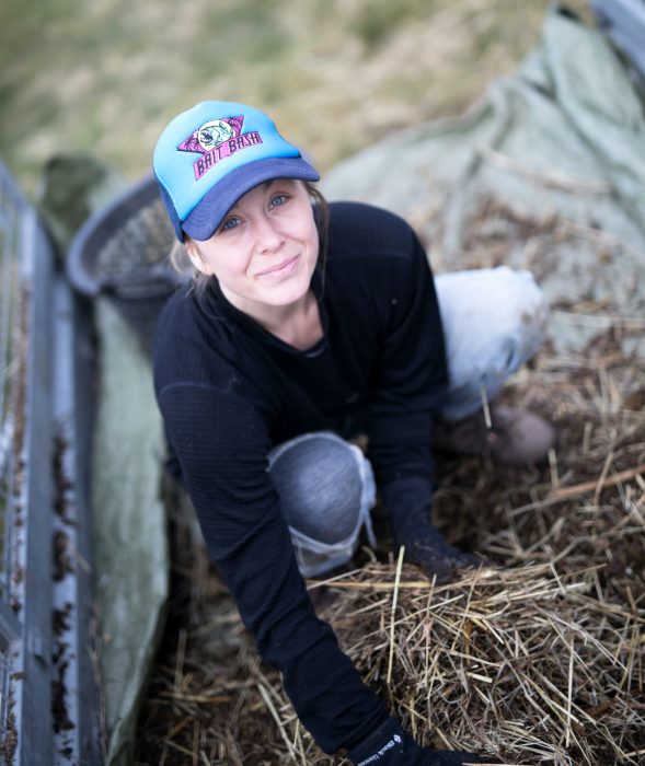 Sandra på väg att lasta av hästgödsel för att bygga upphöjda odlingsbäddar