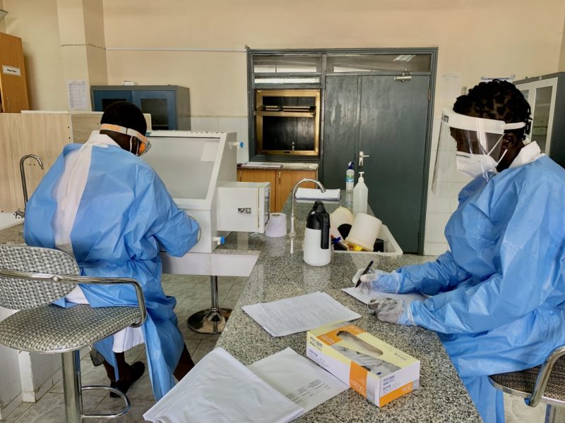 Läkare utan gränsers mikrobiolog och biotekniker analyserar covidtester vid det nationella sjukhuset i Juba, Sydsudan.