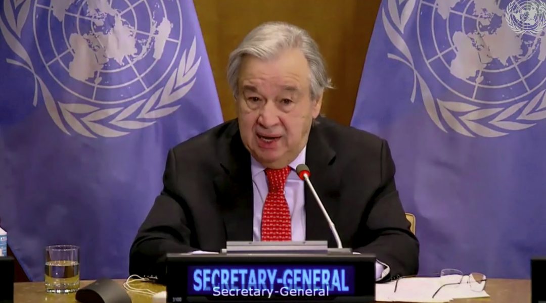 FN:s generalsekreterare António Guterres under det virtuella säkerhetsrådsmötet på onsdagen.