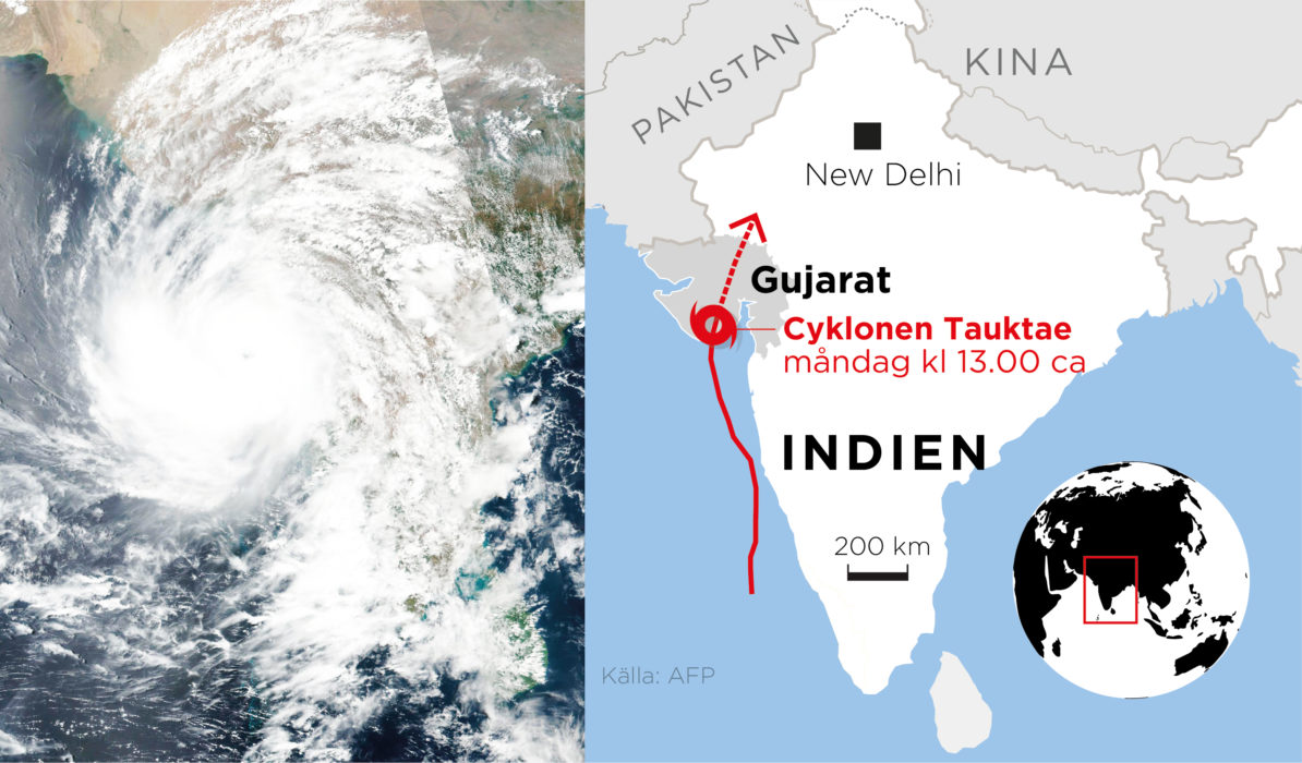 Cyklonen Tauktae slog igår till mot delstaten Gujarat och har krävt flera liv