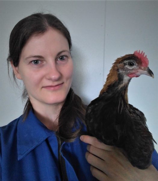 Diana Rubene med en av de tuppkycklingar som medverkade i experimentet.
