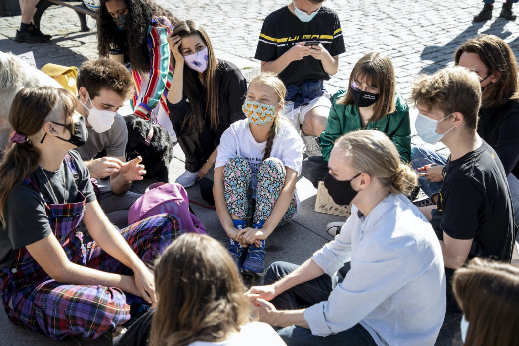 Greta Thunberg på Mynttorget utanför riksdagshuset i samband med Fridays for Futures klimatstrejk i Augusti 2021