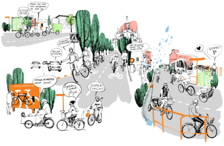 En teckning över hur supercykelstråken i malmö skulle kunna se ut i framtiden. Cyklande människor i olika åldrar kommenterar upplevelsen.