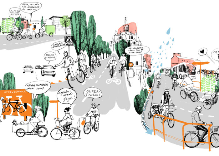 En teckning över hur supercykelstråken i malmö skulle kunna se ut i framtiden. Cyklande människor i olika åldrar kommenterar upplevelsen.