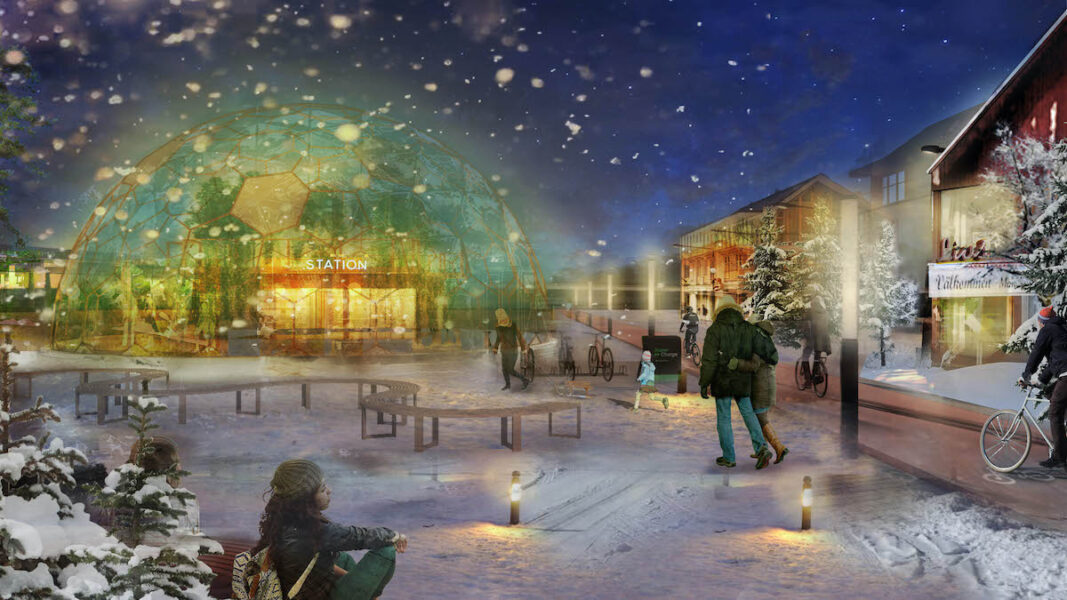 Illustration av hur en framtida stationsby skulle kunna se ut. Kupol i glas omger själva stationen, med växter inuti och snö utanför.