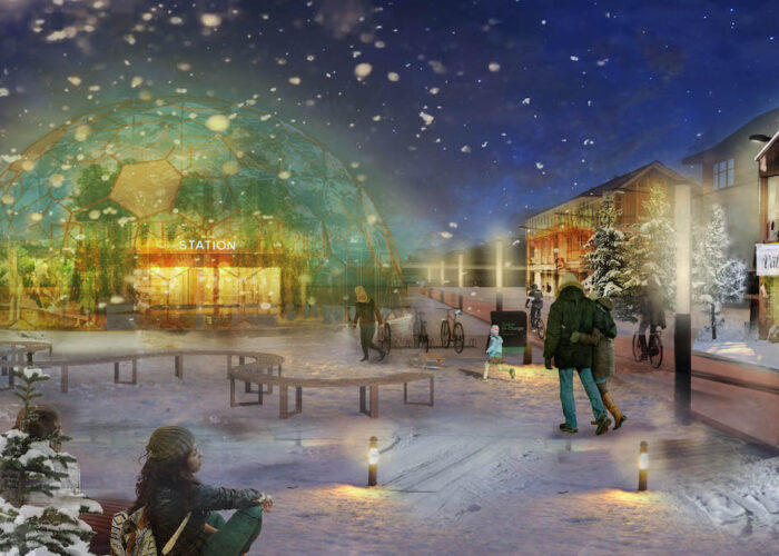 Illustration av hur en framtida stationsby skulle kunna se ut. Kupol i glas omger själva stationen, med växter inuti och snö utanför.