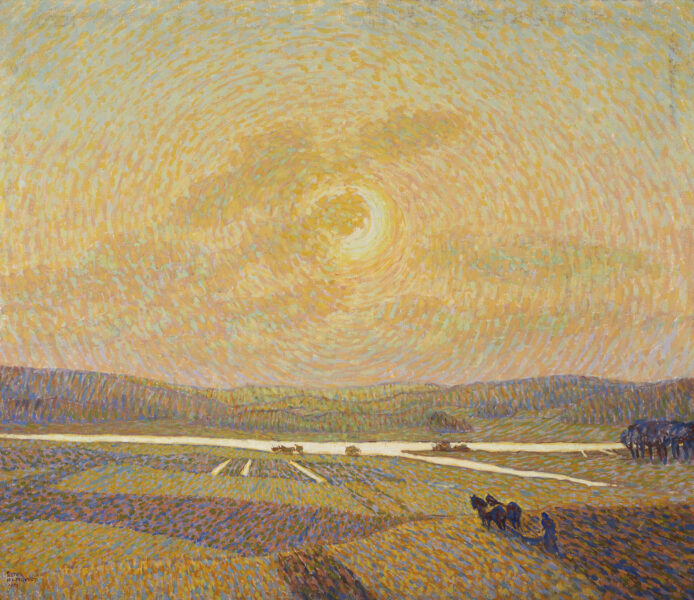 Målningen Novemberplöjning av Ester Almqvist är ett exempel på landskapsmåleri i en utställning på Waldemarsudde.