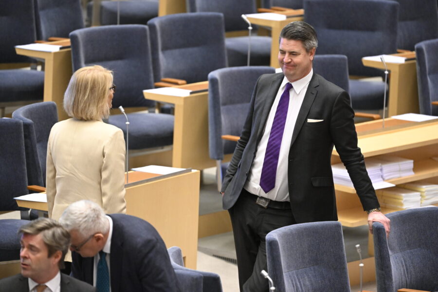 Sverigedemokraternas ekonomisk-politiske talesperson Oscar Sjöstedt i samtal med finansminister Elisabeth Svantesson (M) i samband med måndagens budgetdebatt i riksdagen.