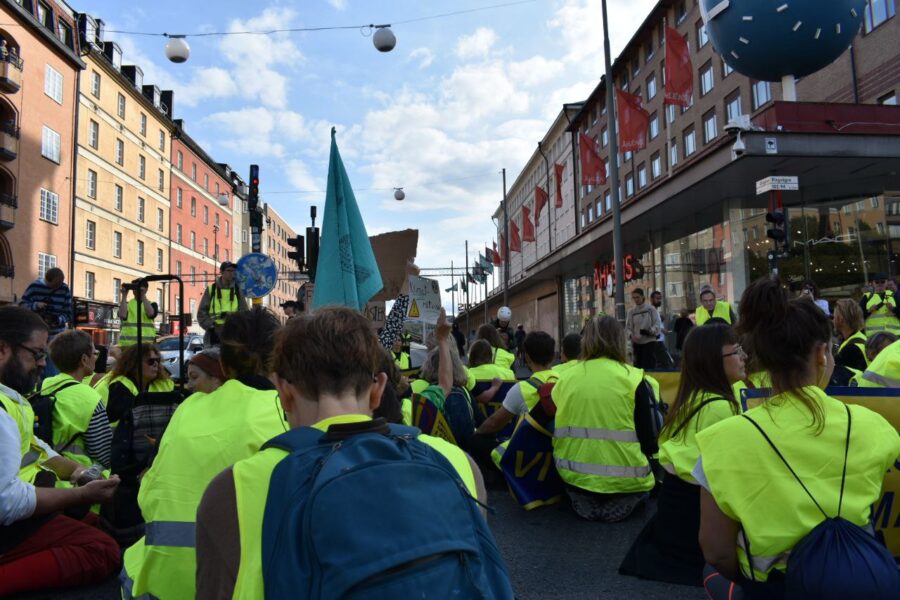 Återställ våtmarker under en sittprotest på Götgatan i Stockholm, där skribenten deltog.
