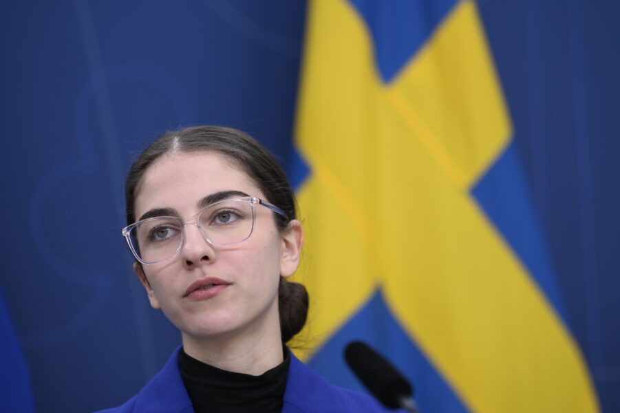 Porträtt av klimat- och miljöministern med allvarsam uppsyn framför en svensk flagga.