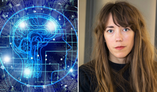 Till vänster en blå bild över hur en hjärna som kontrolleras av AI kan se ut. Till höger Vanja Carlsson, forskare vid Göteborgs universitet.