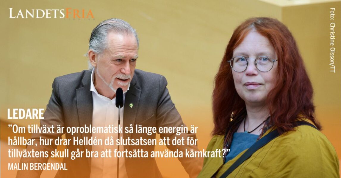 MP:s språkrör Daniel Helldén i riksdagens talarstol. I förgrunden bylinebild på ledarskribent Malin Bergendal.