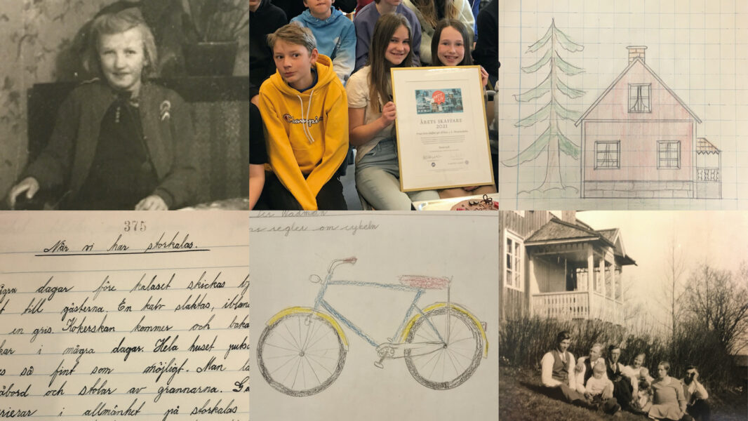 Collage med 6 foton från utställningen Mitt liv däribland teckningar på en cykel resp ett hus, ett handskrivet brev och barn.