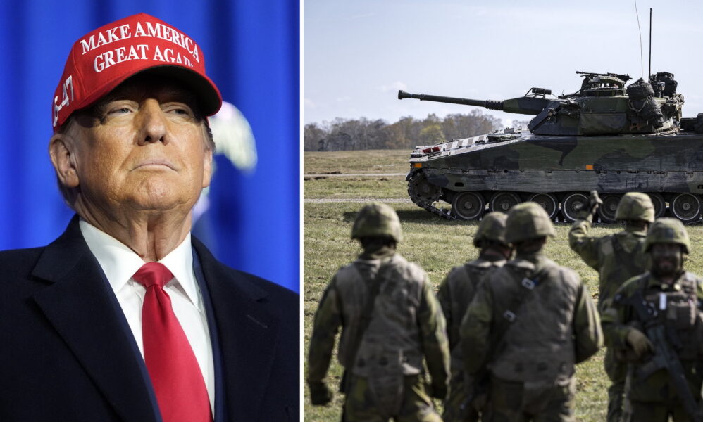 Collage av två foton, t v Donald Trump med allvarlig uppsyn i röd keps, t h några soldater framför en stridsvagn.