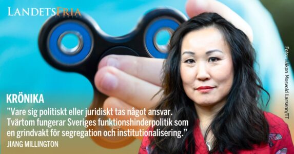 Porträtt på krönikör Jiang Millington i förgrund, i bakgrunden en fidget spinner i ett barns hand.