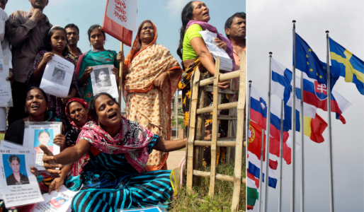Anhöriga till textilarbetare som omkom i olycka 2013 till vänster. Till höger EU-länders flaggor.