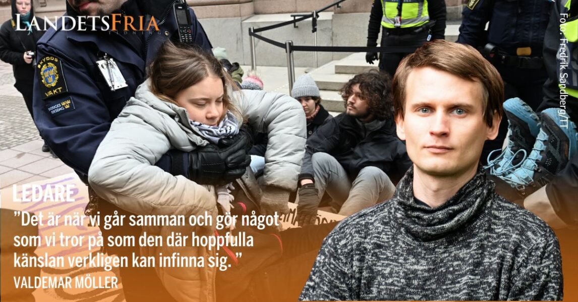 Porträtt av ledarskibent Valdemar Möller, i bakgrunden bärs Greta Thunberg bort av polis.