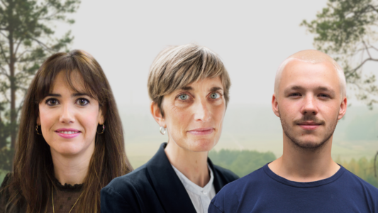 Tre porträttbilder på pristagarna med skoglig bakgrund.