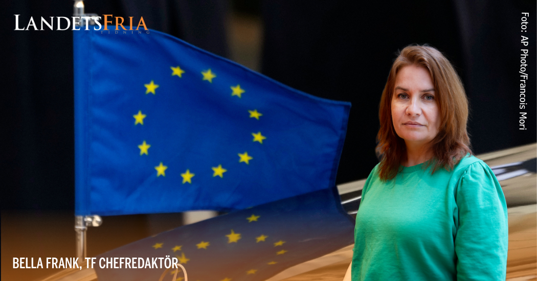 EU-flaggan med gula stjärnor och Bella Frank i förgrunden.