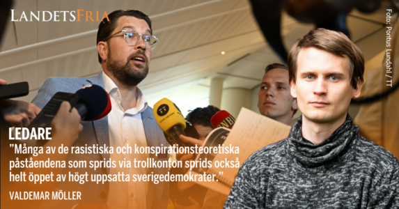 Valdemar Möller i förgrunden, Jimmie Åkesson (SD) i bakgrunden.