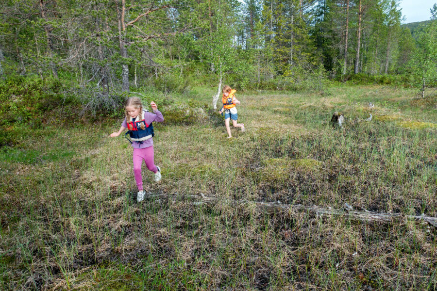 Barn springer i skog.