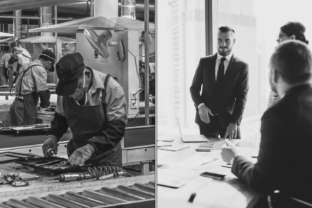 Arbetare till vänster, direktörer till höger.