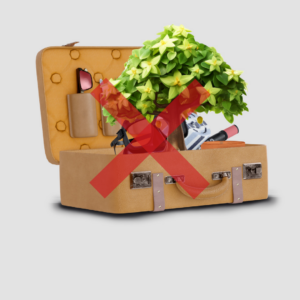 Resväska med växter i och ett rött kryss över.