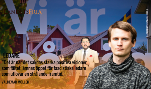 Jimmie Åkessson håller tal. Skribenten i förgrunden.