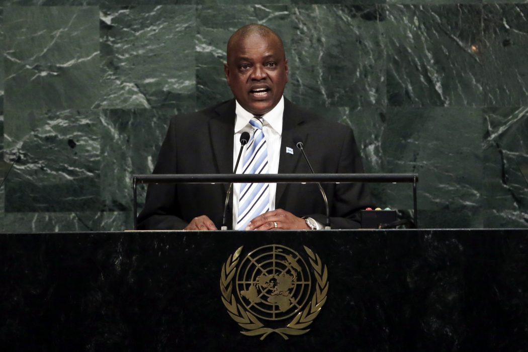 Vice President Mokgweetsi Eric Masisi of Botswana addresses the United Nations General Assembly, at U.N. headquarters, Thursday, Sept. 21, 2017. (AP Photo/Richard Drew)