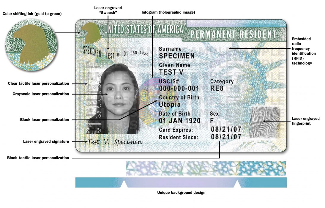 This image released by USCIS shows a sample of the front of the redesigned green card carried by foreign-born residents living permanently in the U.S. The Homeland Security Department is issuing the redesigned "green card" that is stacked with safety features to help combat fraud and counterfeiting. The card has been a variety of colors over its decades-long history. (AP Photo/USCIS)