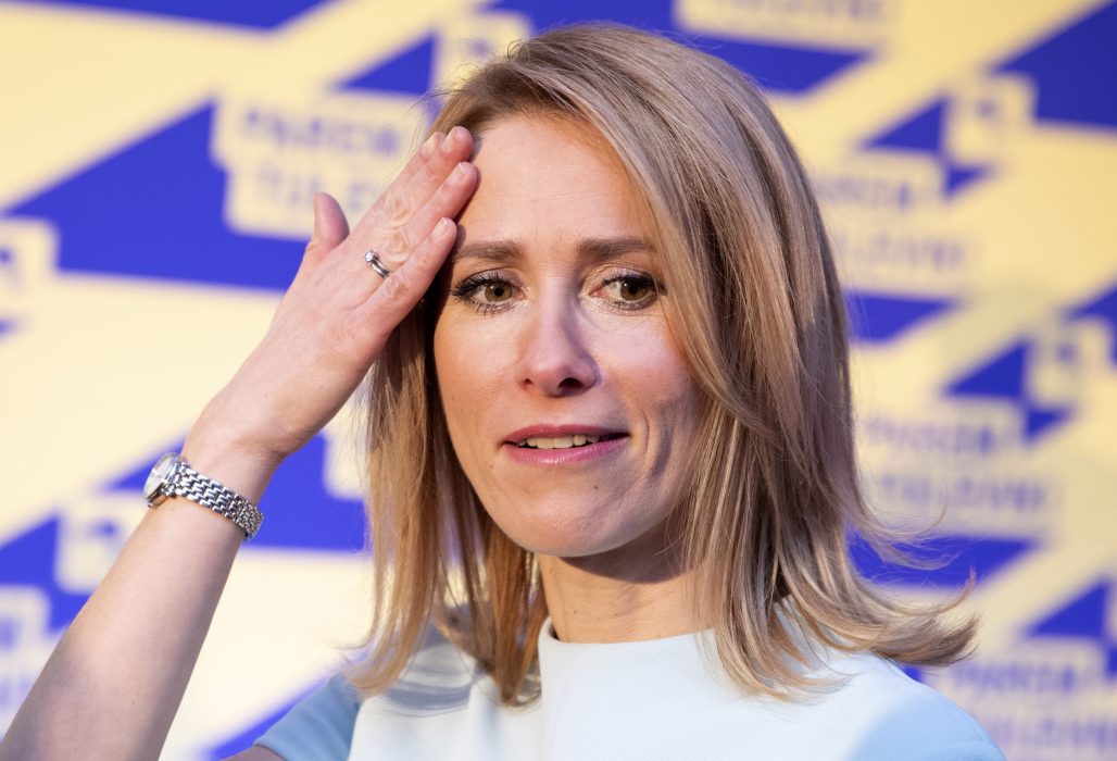 Kaja Kallas, leader of the Reform Party party gestures at her party headquarters after parliamentary elections in Tallinn, Estonia, early Monday, March 4, 2019. The rival Reform and Center parties, the two main political groupings since Estonia regained independence amid the collapse of the Soviet Union in 1991, shared an election goal of keeping EKRE from making inroads. (AP Photo/Raul Mee)