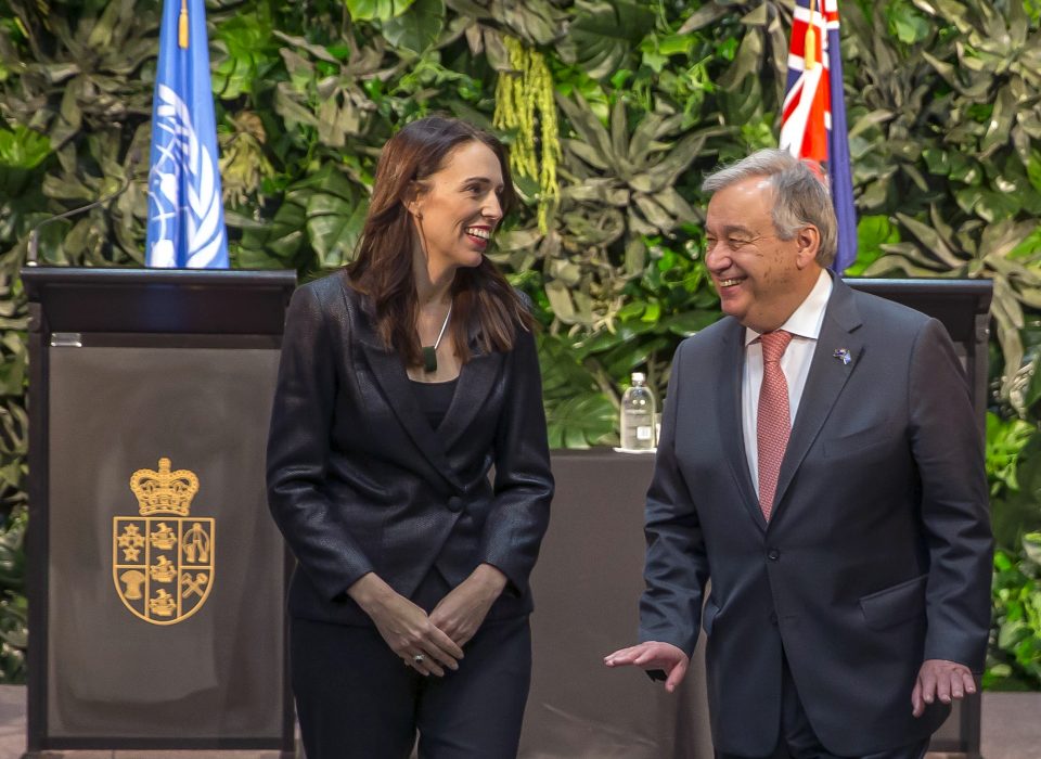 United Nations Secretary-General Antonio Guterres, right, and New Zealand's Prime Minister Jacinda Ardern talk following a joint press conference at Government House in Auckland, New Zealand, Sunday, May 12, 2019. Guterres has arrived in New Zealand as part of a trip to the South Pacific to highlight the issue of climate change. (Peter Meecham/NZ Herald via AP)