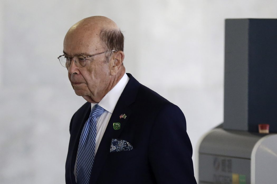 U.S. Commerce Secretary Wilbur Ross arrives for a meeting with Brazil's President Jair Bolsonaro at the Planalto Presidential Palace, in Brasilia, Brazil, Wednesday, July 31, 2019. Secretary Ross is on a four-day official visit to Brazil. (AP Photo/Eraldo Peres)