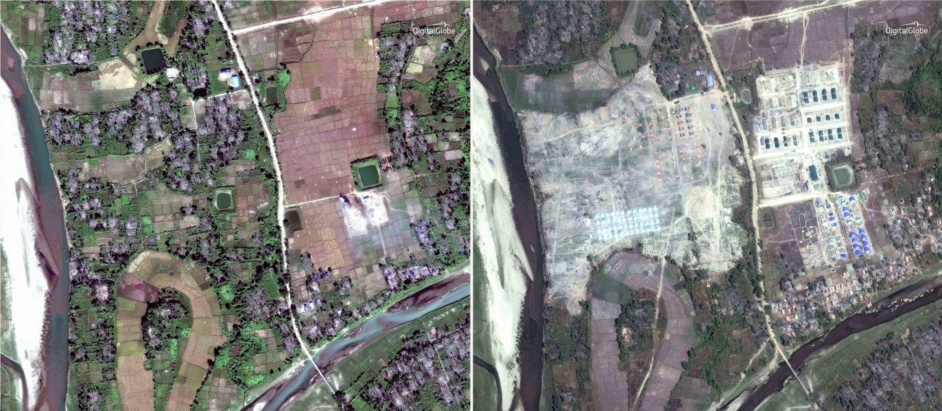 Två satellitbilder på byn Thit Tone Nar Gwa Son i delstaten Rakhine, tagna med några månaders mellanrum.